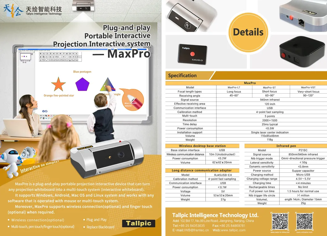 45-120" Electronic Portable Interactive Whiteboard 5 Point Multitouch Wireless Optional