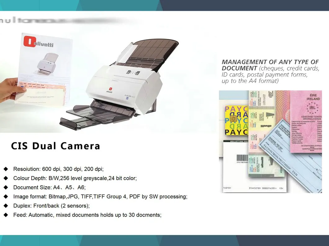 600dpi High Speed Color Duplex Ocr A4 Document Scanner with Micr Reader (A600)