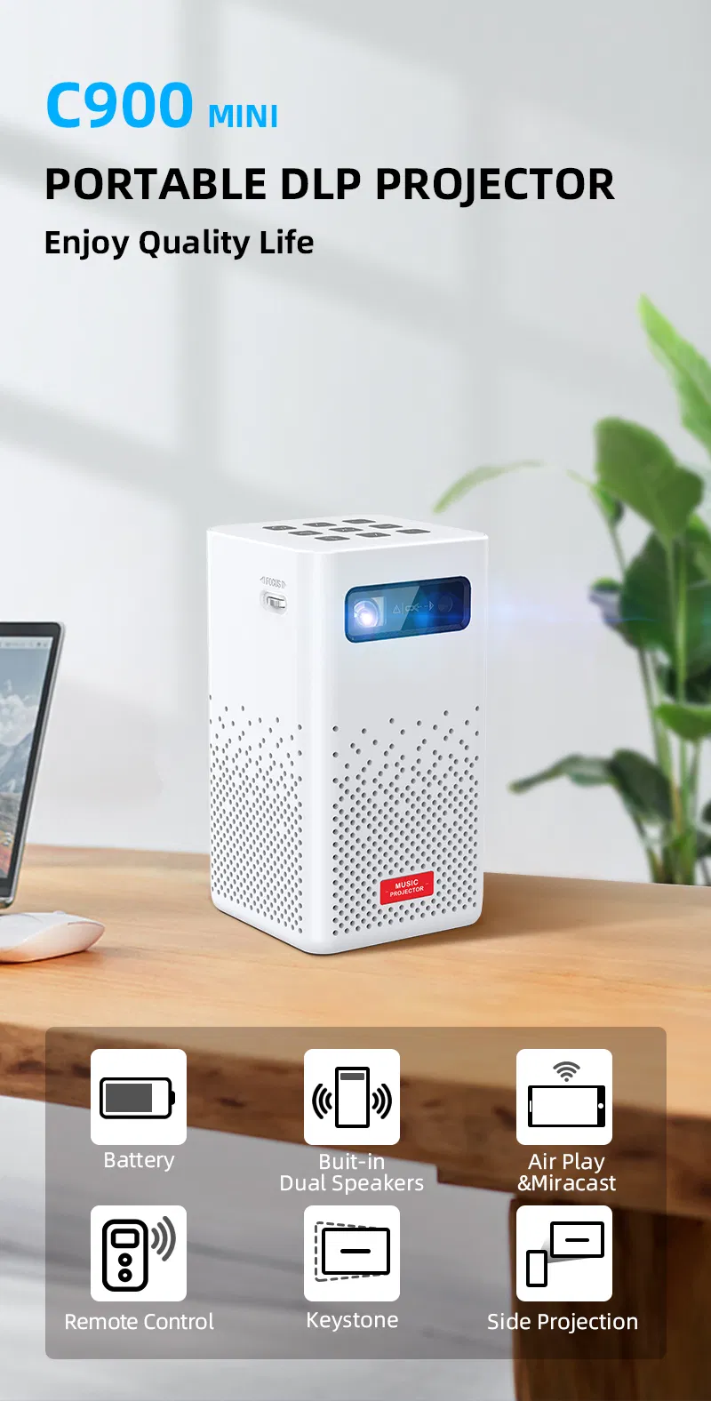 Lien C900 Mini Pocket Smart 4K 3D Cinema Video Projector Android WiFi 3000 Lumens LED DLP Projector