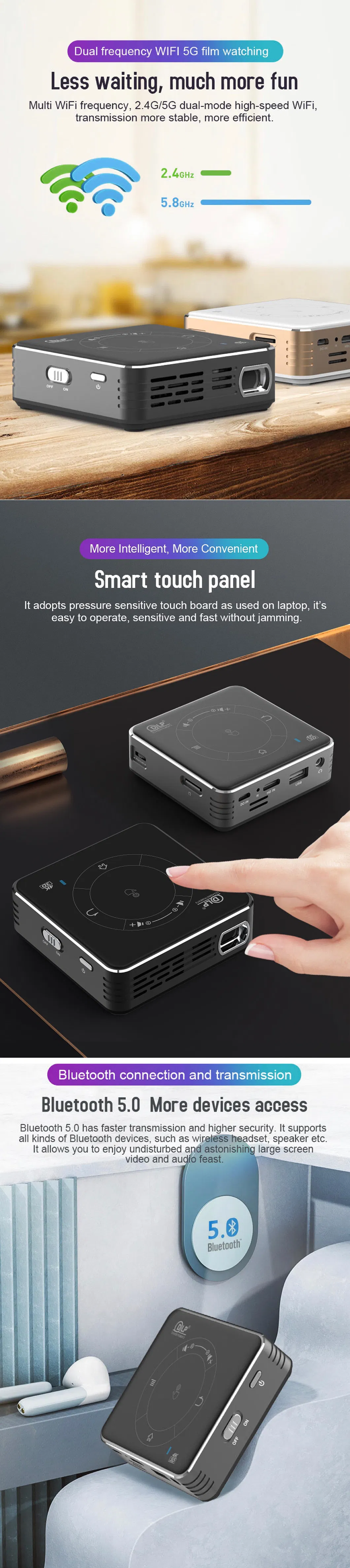 OEM 3D Android 9.0 Smart Touch DLP Projector with WiFi Bluetooth Speaker Outdoor Projection