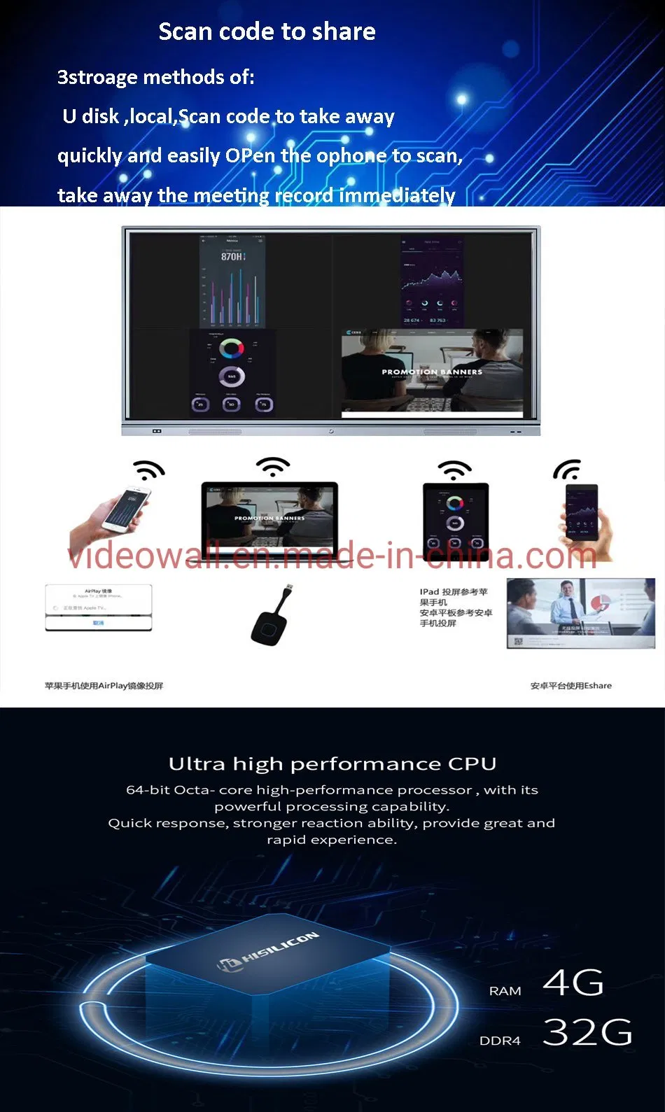 RAM4G+32G Android touch screen panel 85" interactive whiteboard