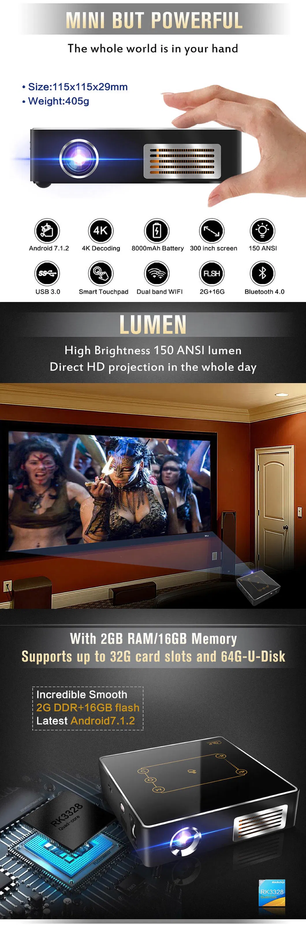 Smart Mini Rk3328 Portable HD 4K Video Mobile Wireless DLP Projector for Home Office