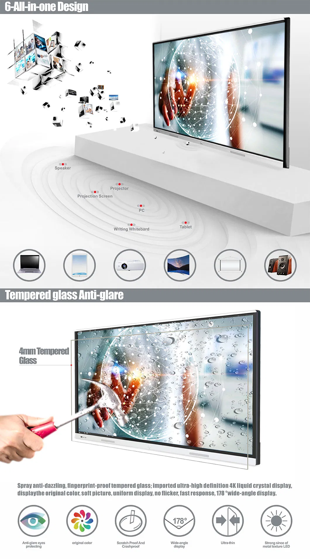 T6 Series Nesting 86 Inch SKD Infrared Touch Screen Built in camera & Microphone All in One Interactive Whiteboard