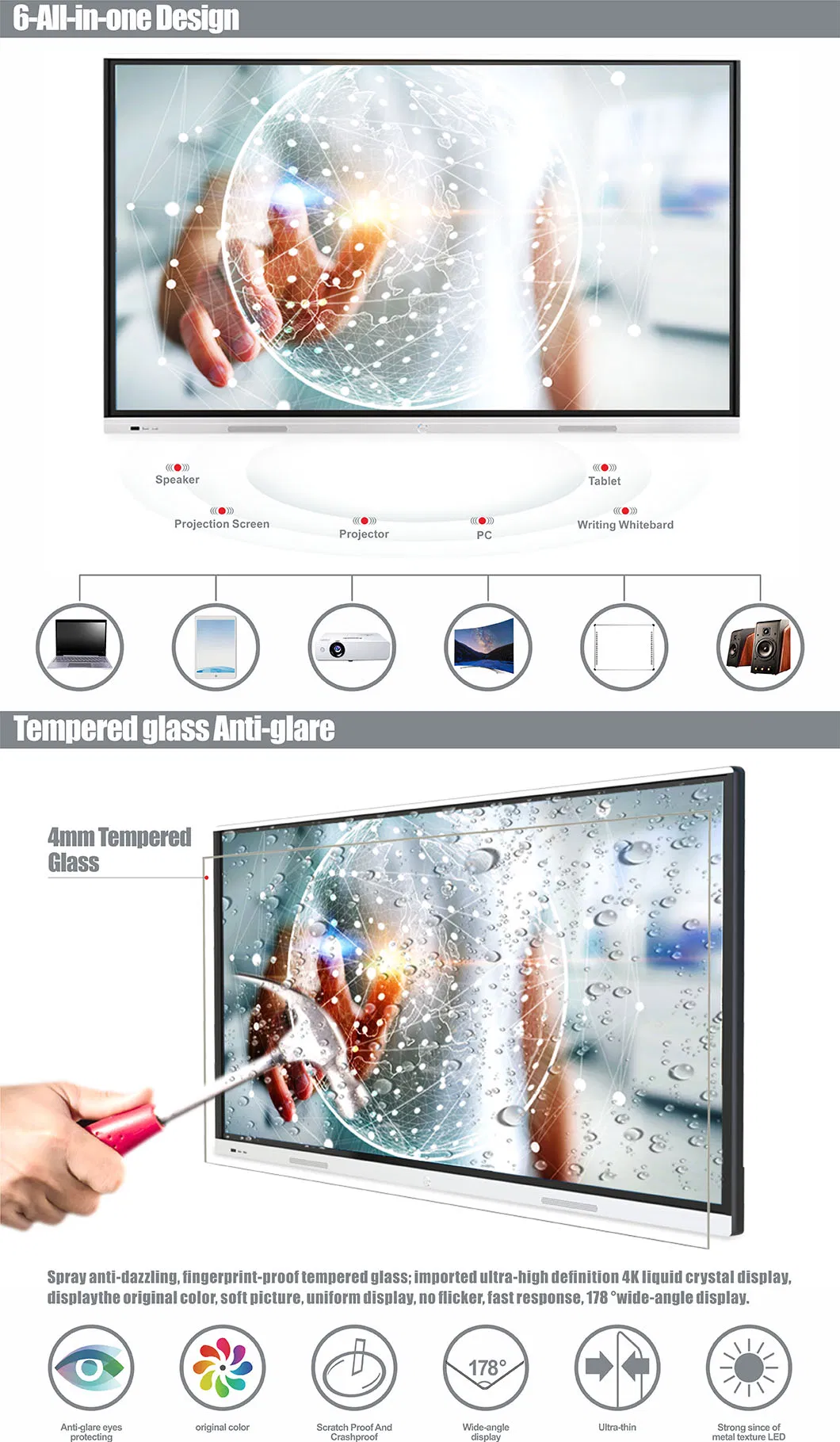 T65c65c Nesting 65inch Anti-Glare Toughened Glass Interactive Flat Panel for Conference