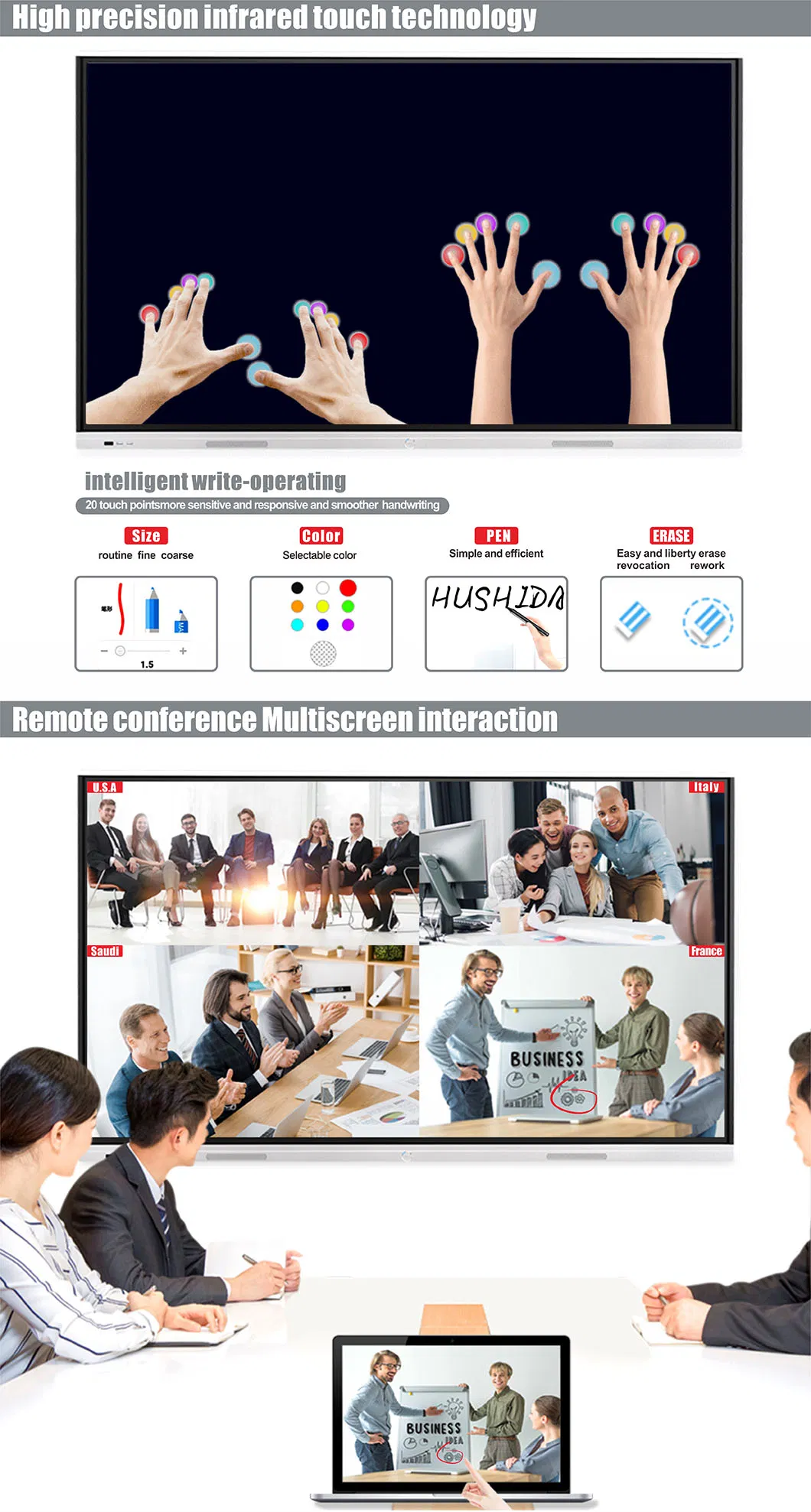 T65c65c Nesting 65inch Anti-Glare Toughened Glass Interactive Flat Panel for Conference