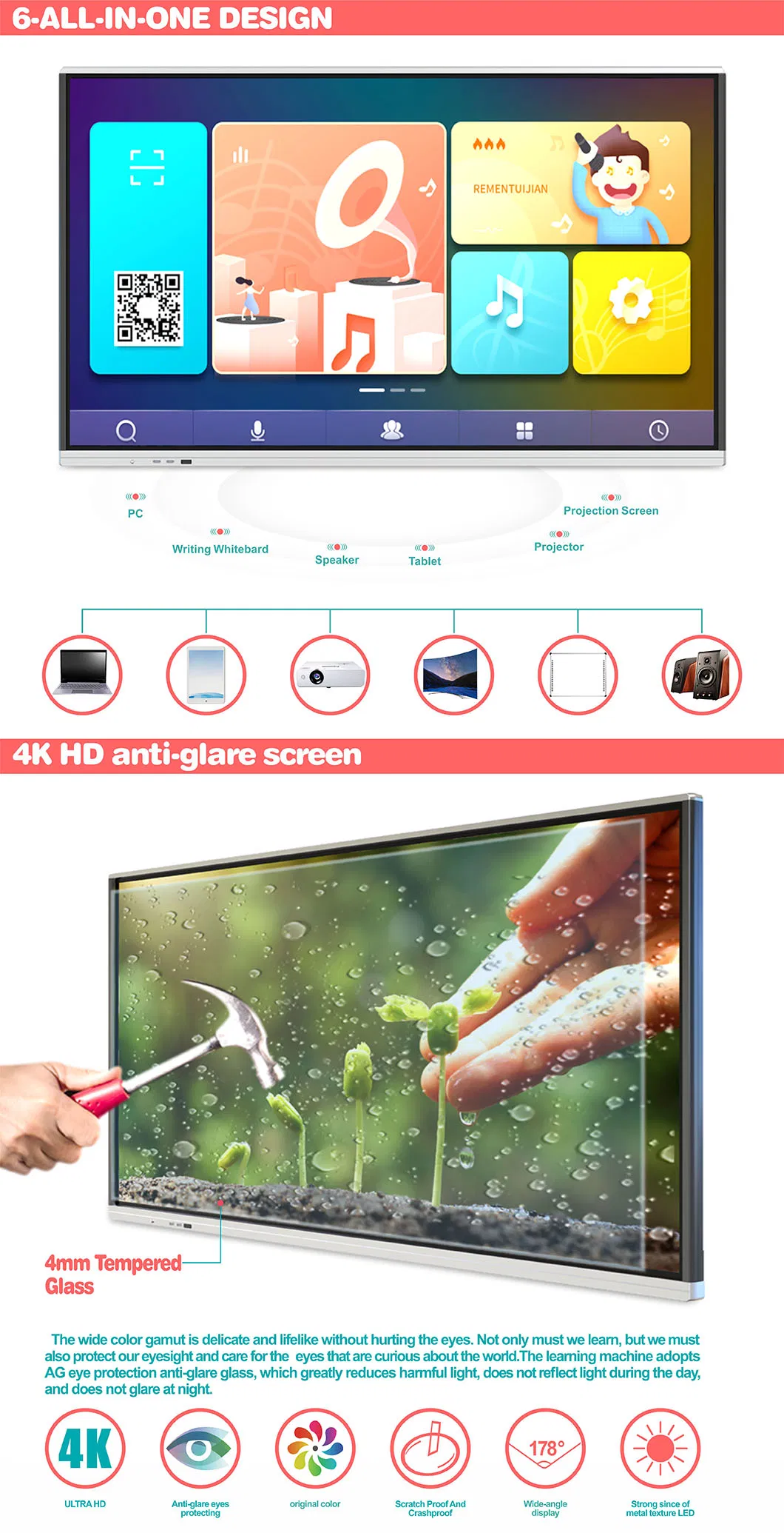 T6h55D 55 Inch Smart Classroom Interactive LCD Writing Smartboard for Education and Conference