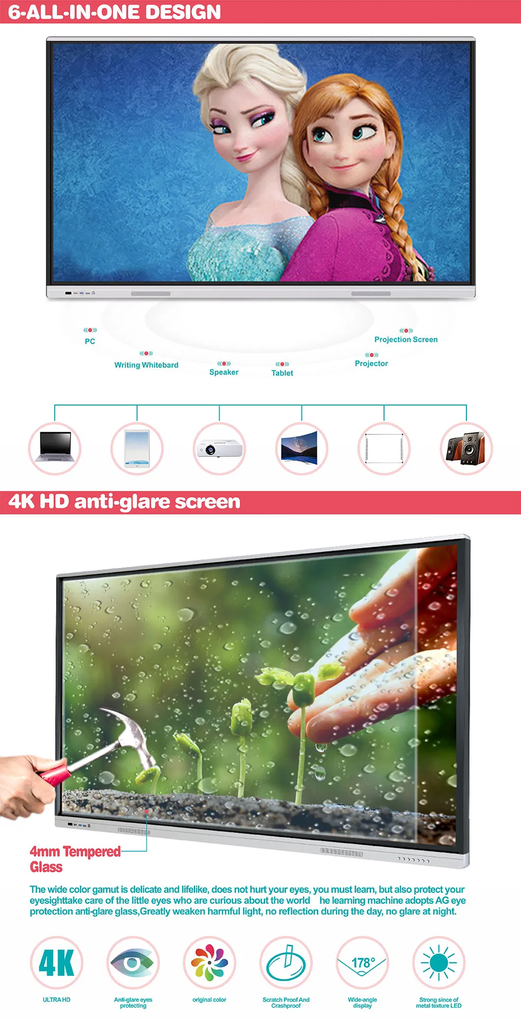 T6h86b SKD 86 Inch 4K LCD Display Interactive Intelligence Panel Android / Windows Dual System 86′′ Infrared Interactive Board for Education