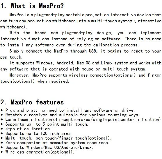 Tallpic Interactive Whiteboard System Maxpro Plug and Play 10 Point Multitouch