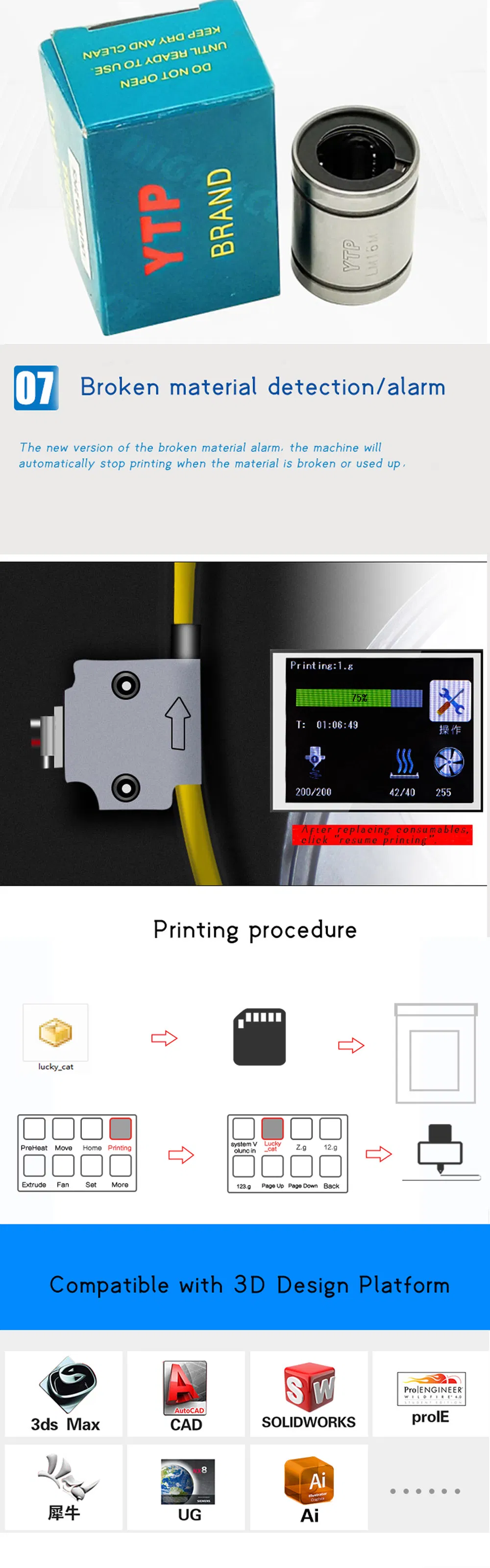 Ty-160 Mini Desktop Fdm 200X200X200mm Mute Smart WiFi, Automatic Leveling, Power off and Continuous Tapping Functions PLA/PETG/HIPS/Wood Filament 3D Printer