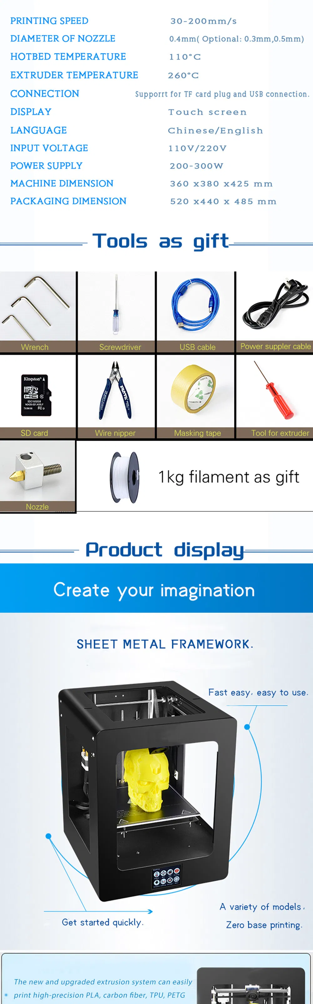 Ty-160 Mini Desktop Fdm 200X200X200mm Mute Smart WiFi, Automatic Leveling, Power off and Continuous Tapping Functions PLA/PETG/HIPS/Wood Filament 3D Printer