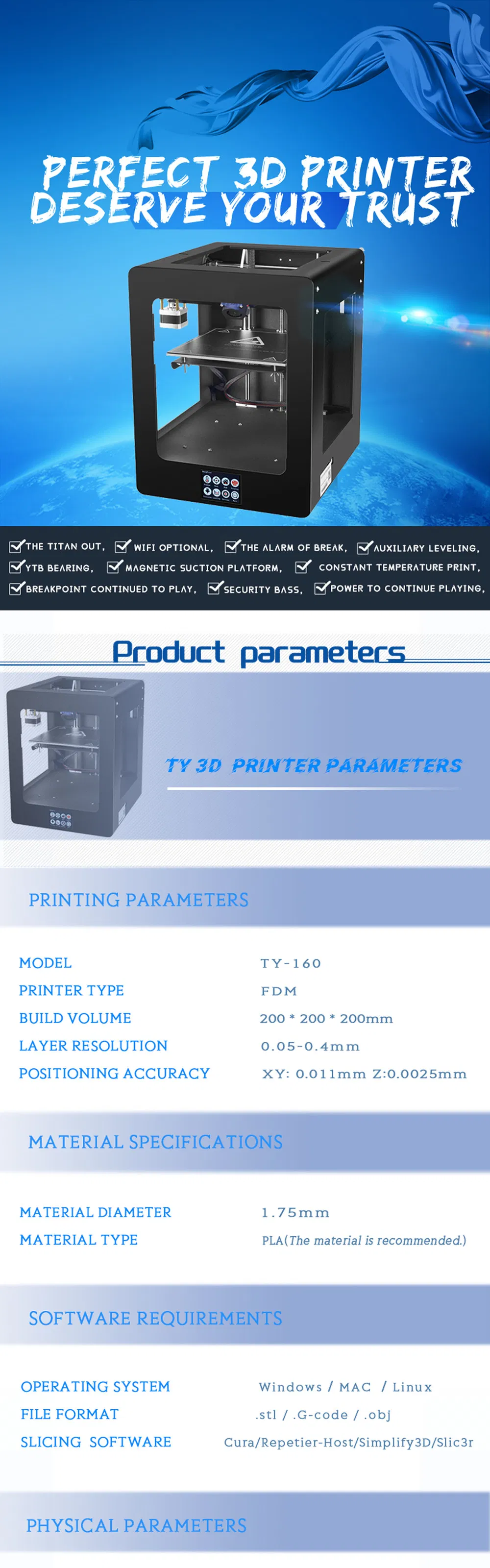 Ty-160 Mini Desktop Fdm 200X200X200mm Mute Smart WiFi, Automatic Leveling, Power off and Continuous Tapping Functions PLA/PETG/HIPS/Wood Filament 3D Printer
