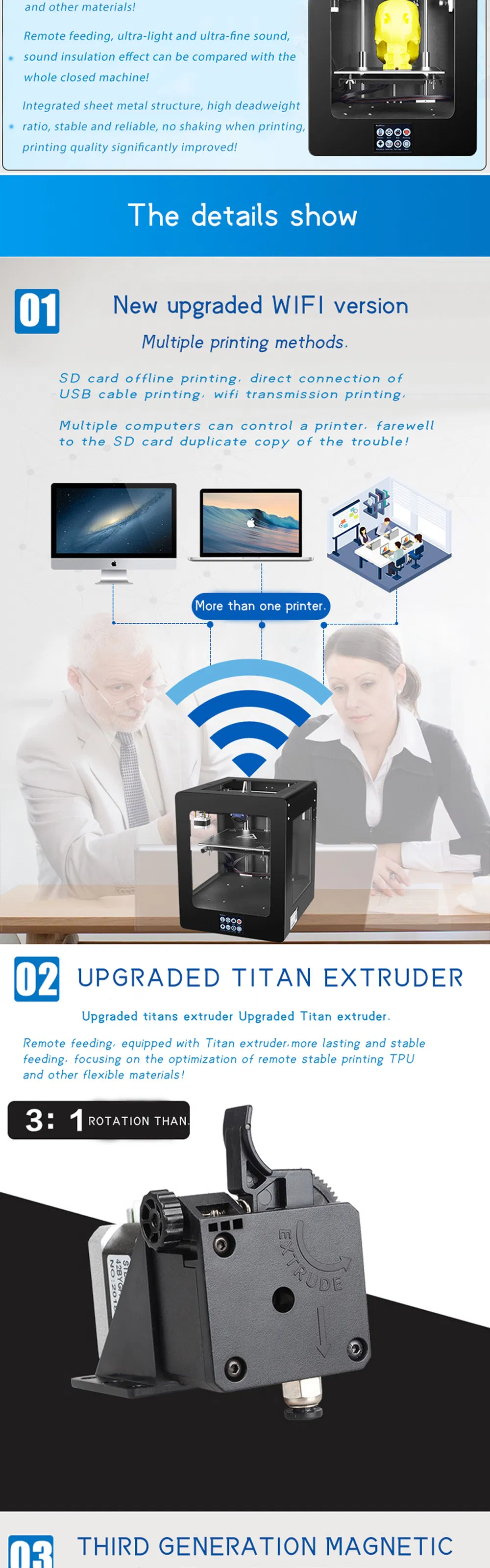 Ty-160 Mini Desktop Fdm 200X200X200mm Mute Smart WiFi, Automatic Leveling, Power off and Continuous Tapping Functions PLA/PETG/HIPS/Wood Filament 3D Printer