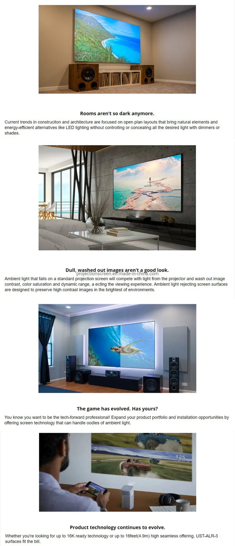 Ust Ambient Light Rejecting Projection Screen Ultra Thin Fixed Frame Alr Screen for 4K Laser Projector