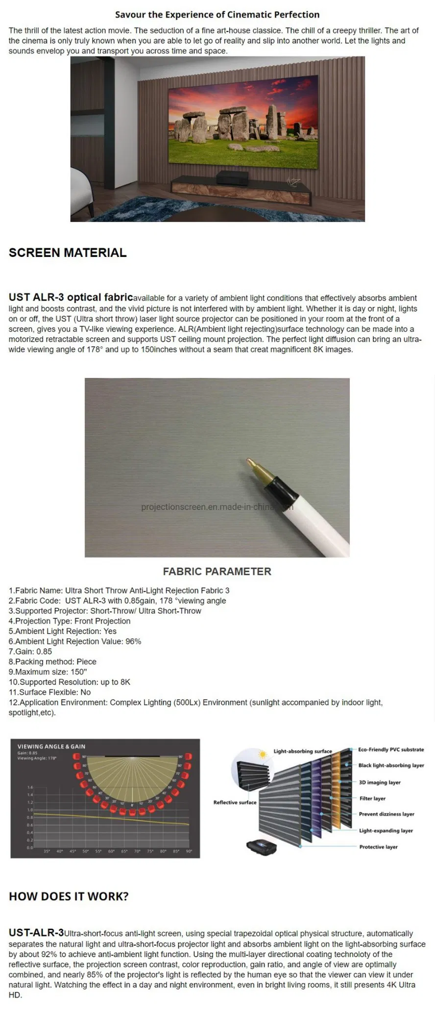 Ust Ambient Light Rejecting Projection Screen Ultra Thin Fixed Frame Alr Screen for 4K Laser Projector