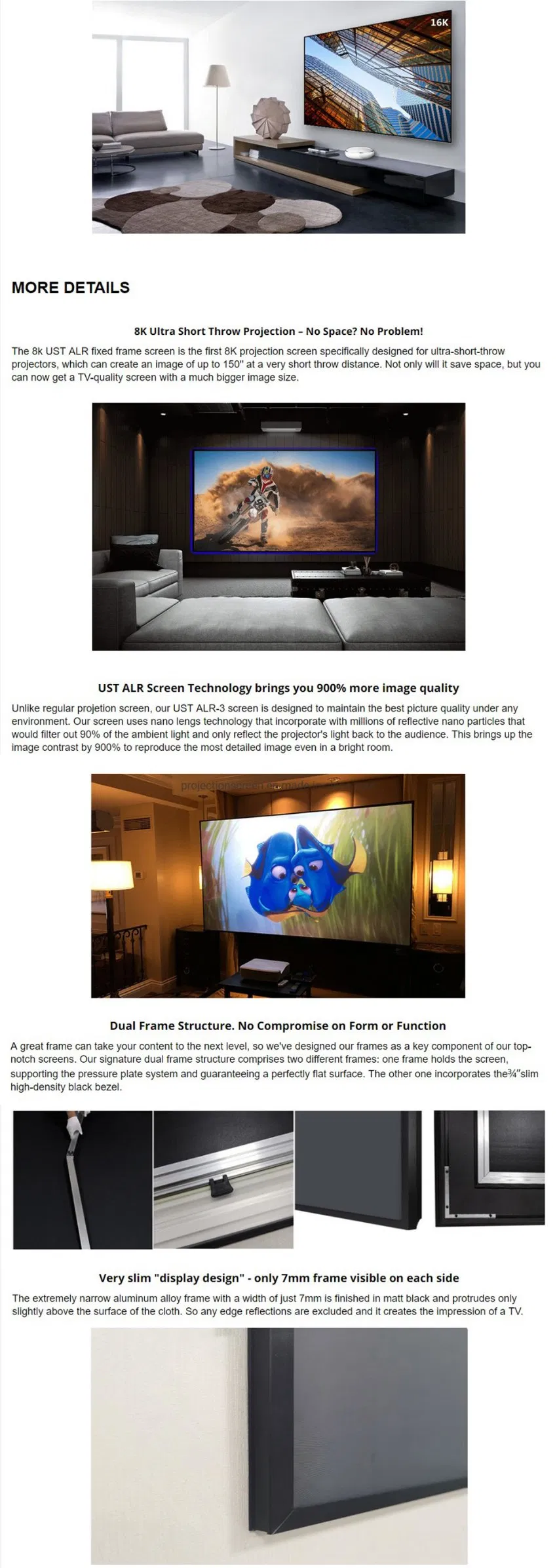 Ust Ambient Light Rejecting Projection Screen Ultra Thin Fixed Frame Alr Screen for 4K Laser Projector