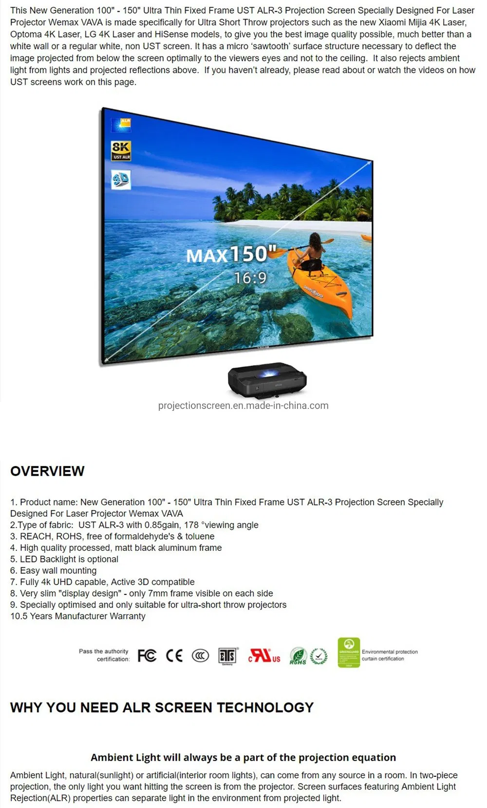 Ust Ambient Light Rejecting Projection Screen Ultra Thin Fixed Frame Alr Screen for 4K Laser Projector